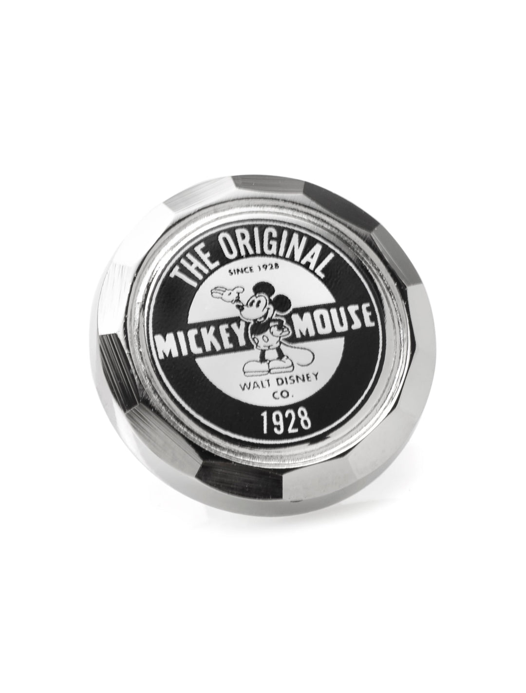 Disney Mickey Mouse Original Lapel Pin, a round silver pin featuring a black-and-white graphic with the text “The Original Mickey Mouse” and “1928”.
