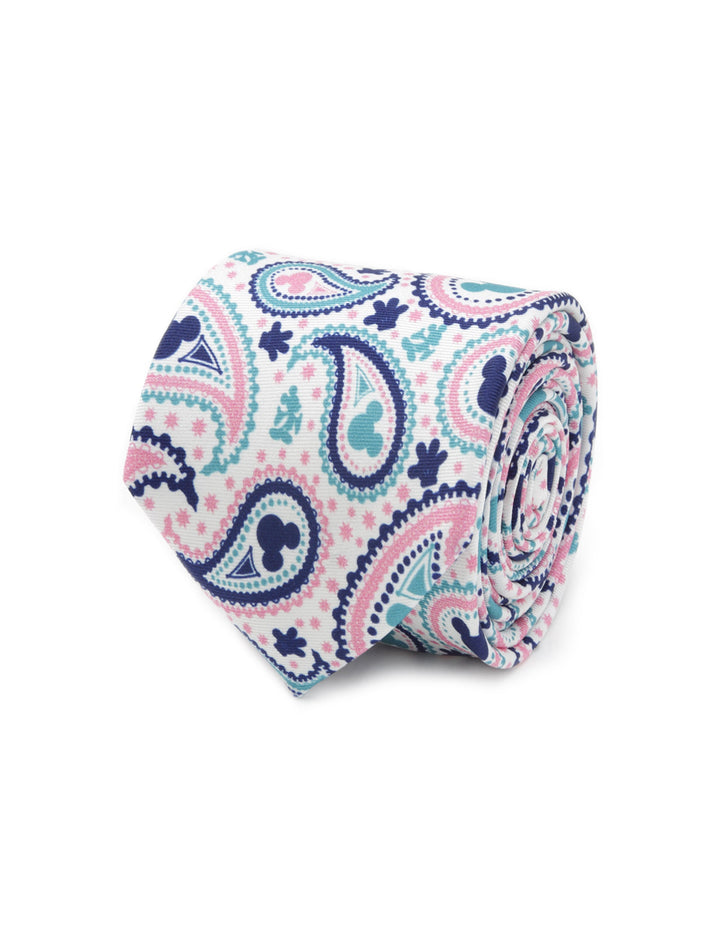 A rolled-up Disney Mickey Mouse Paisley Multi Men’s Tie on a white background, featuring a blue and pink paisley pattern with small Mickey Mouse silhouettes.