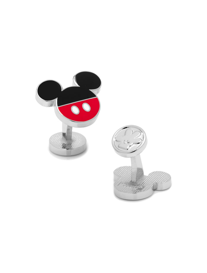 Disney Mickey Mouse Pants Cufflinks: two silver-toned pieces, one shaped like Mickey’s head in black and red enamel, the other featuring an embossed glove design on the backing.