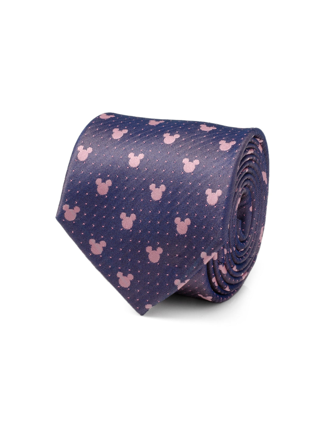 Rolled Disney Mickey Mouse Purple and Pink Dot Silhouette Tie featuring purple fabric with pink silhouettes and small dots.