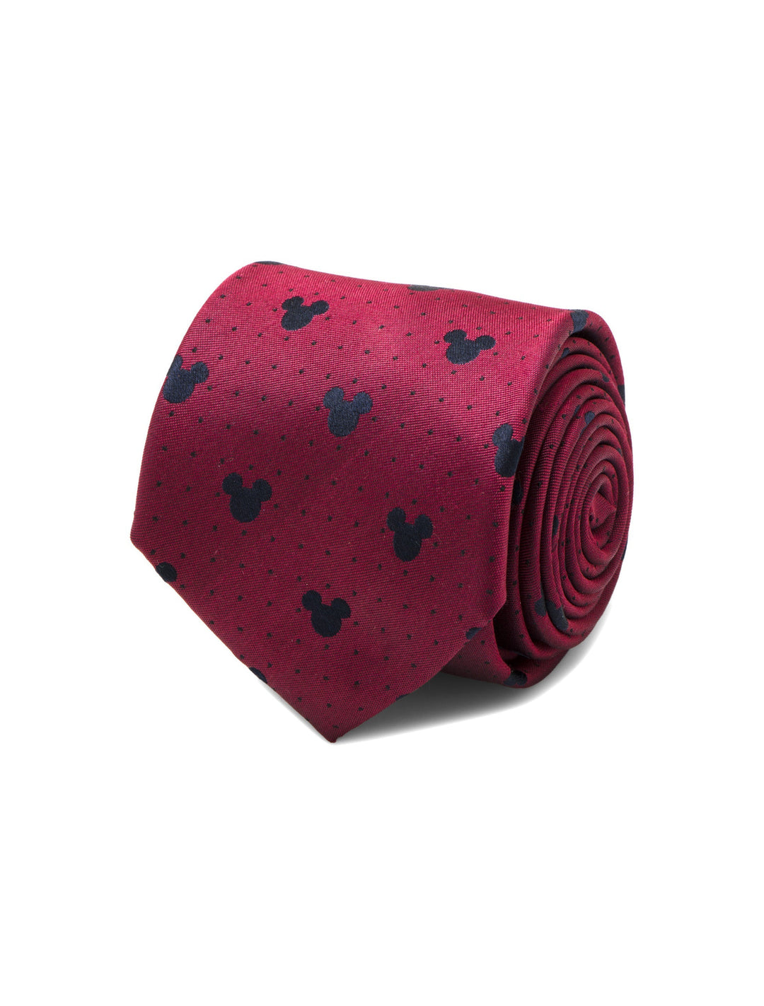 A Disney Mickey Mouse Red Pin Dot Men’s Tie in red silk with a pattern of black polka dots and Mickey Mouse silhouettes, rolled into a coil.