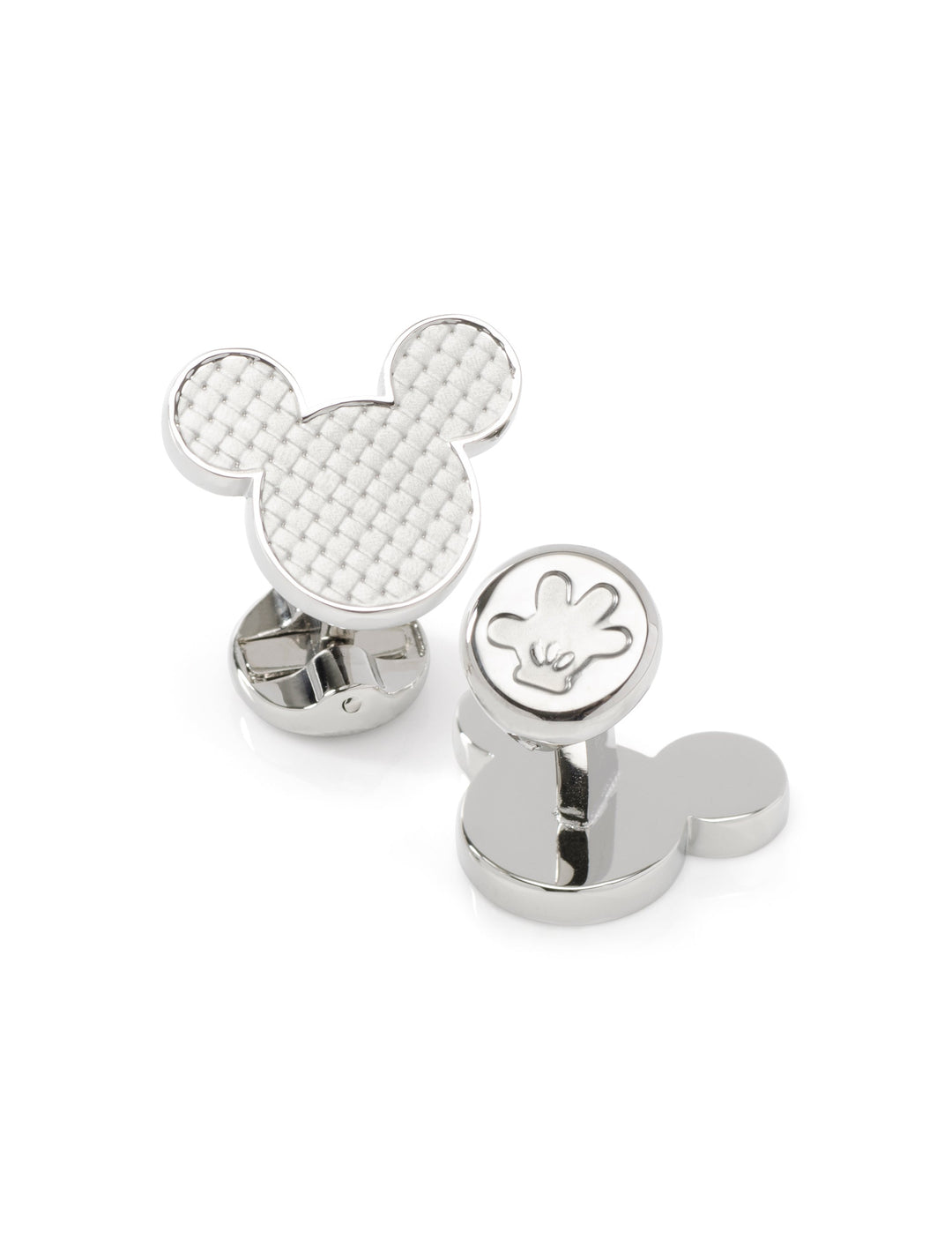 Disney Mickey Mouse Silhouette Basket Weave Cufflinks in silver-tone metal featuring a Mickey Mouse head silhouette with a textured white inlay and a glove icon on the toggle.