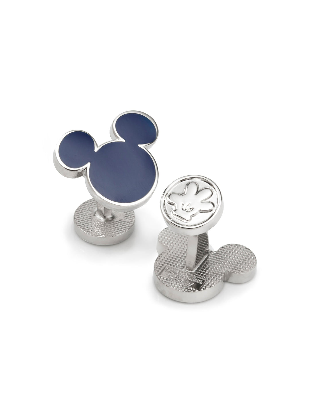Disney Mickey Mouse Silhouette Blue Cufflinks: one featuring a navy blue silhouette and the other an embossed glove icon.