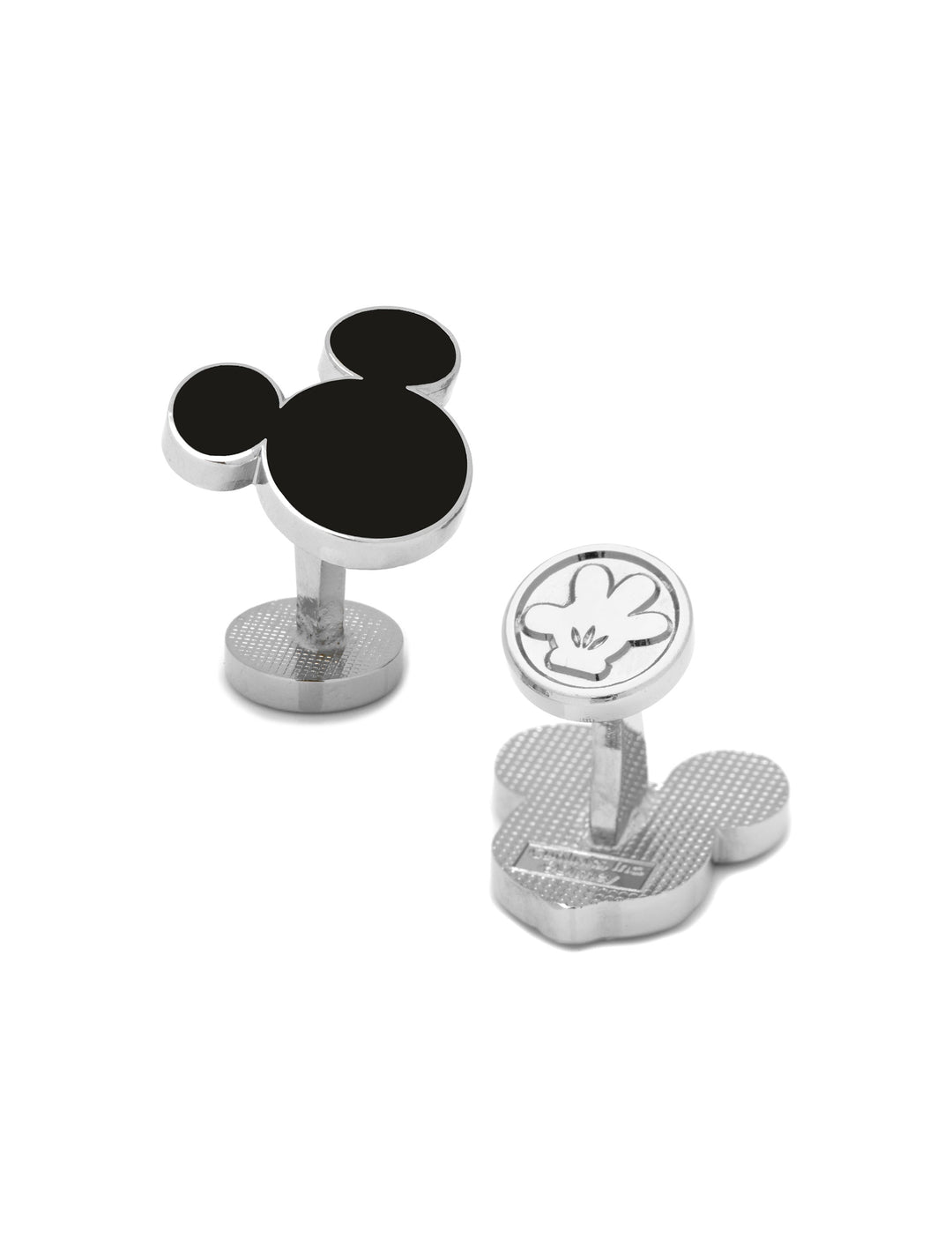 Disney Mickey Mouse Silhouette Cufflinks featuring a silver-tone black silhouette on one and an embossed glove icon on the other.