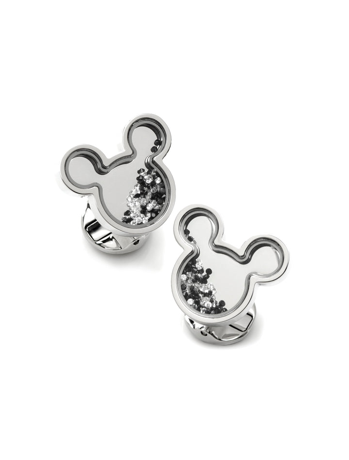 Disney Mickey Mouse Silhouette Floating B/W Crystal Stainless Steel Cufflinks shaped like silhouettes, each featuring floating black and clear crystals.