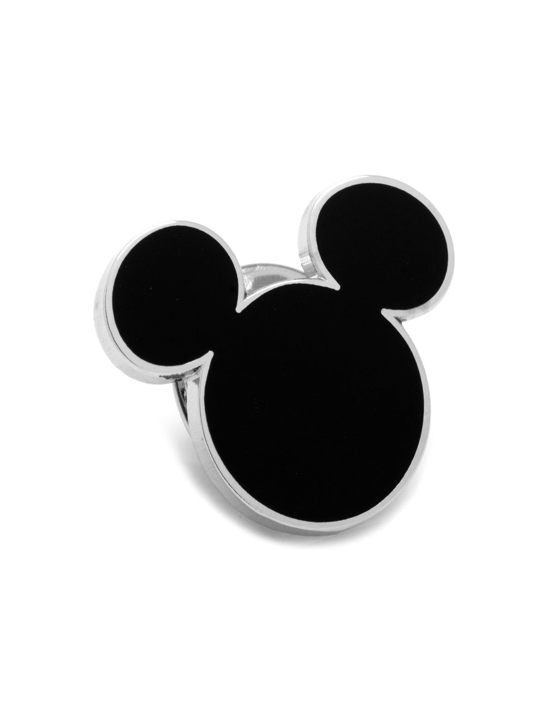 A black silhouette of Mickey Mouse on a Disney Mickey Mouse Silhouette Lapel Pin made of silver metal.