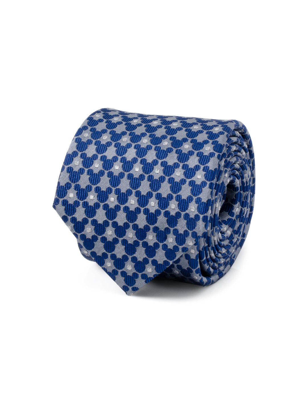 Disney Mickey Mouse Silhouette Pattern Dot Blue Tie rolled into a coil, featuring a repeating pattern of dark blue silhouettes and small white dots.