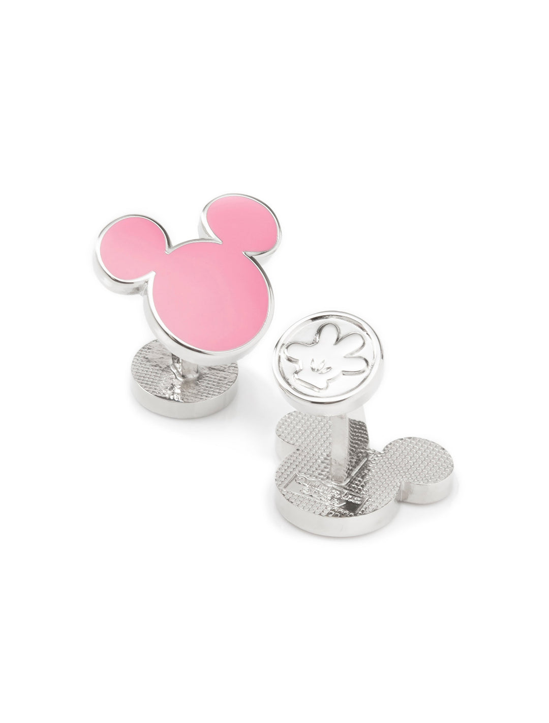 Disney Mickey Mouse Silhouette Pink Cufflinks featuring one silver-tone pink enamel Mickey Mouse head silhouette and one silver-tone embossed Mickey Mouse glove design.