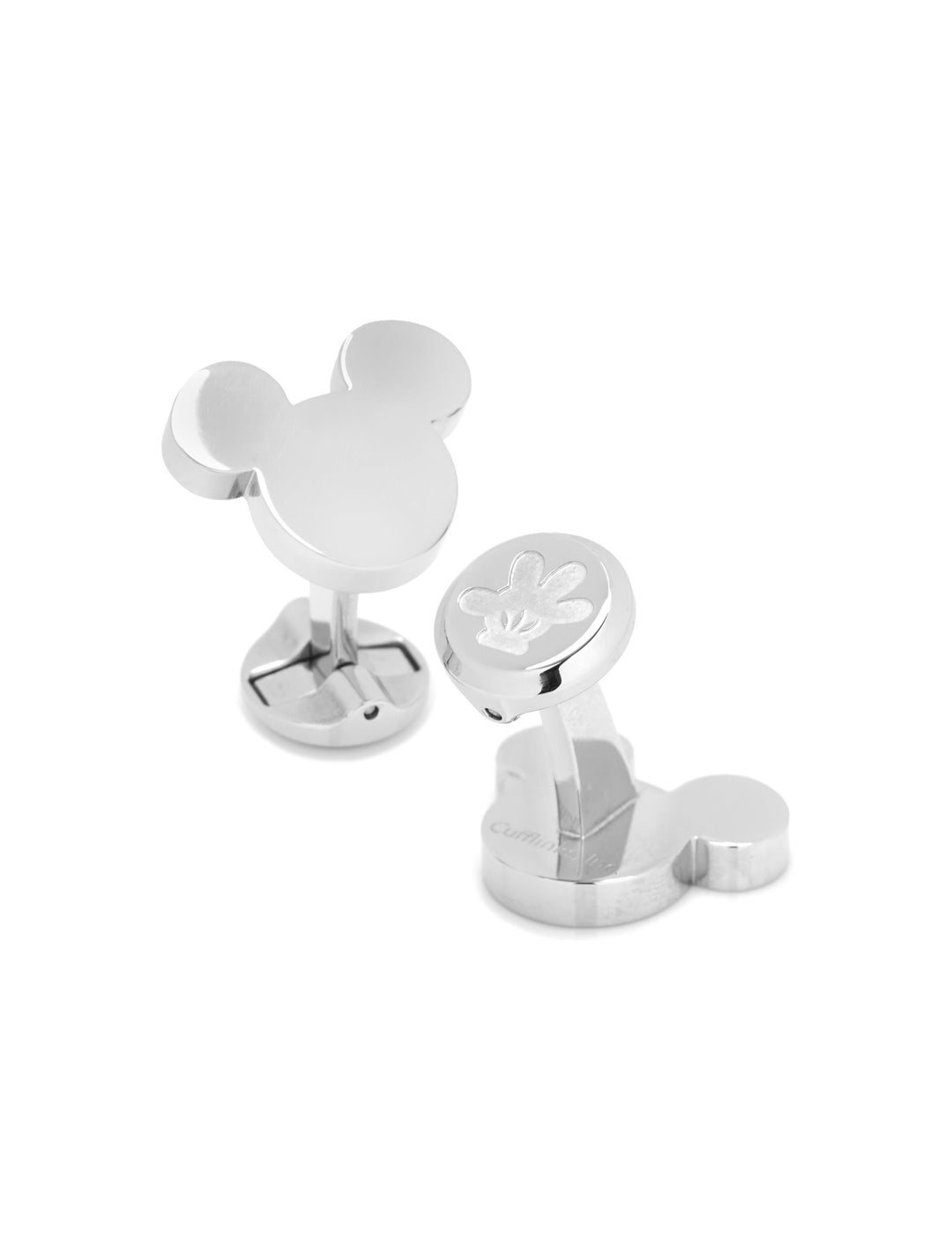 Disney Mickey Mouse Silhouette Stainless Steel Cufflinks featuring one silver-toned silhouette and one with an etched glove design.