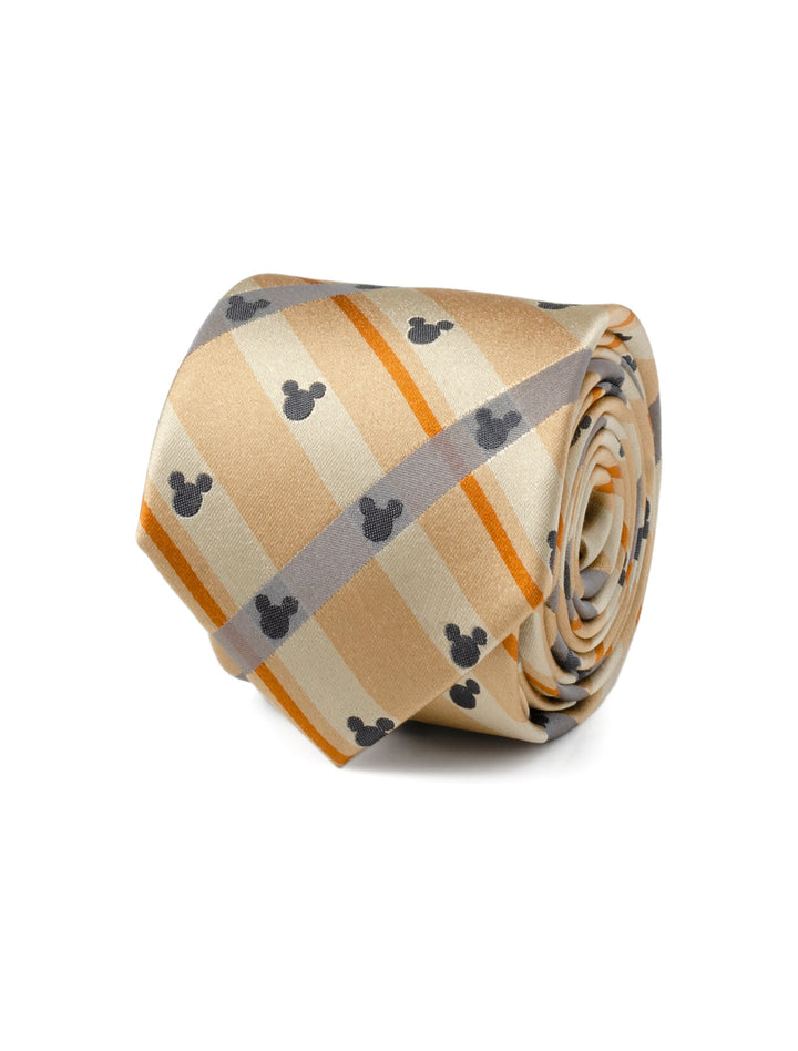 Disney Mickey Mouse Silhouette Tan Plaid Tie featuring a repeating pattern of small gray Mickey Mouse icons on a tan plaid background.