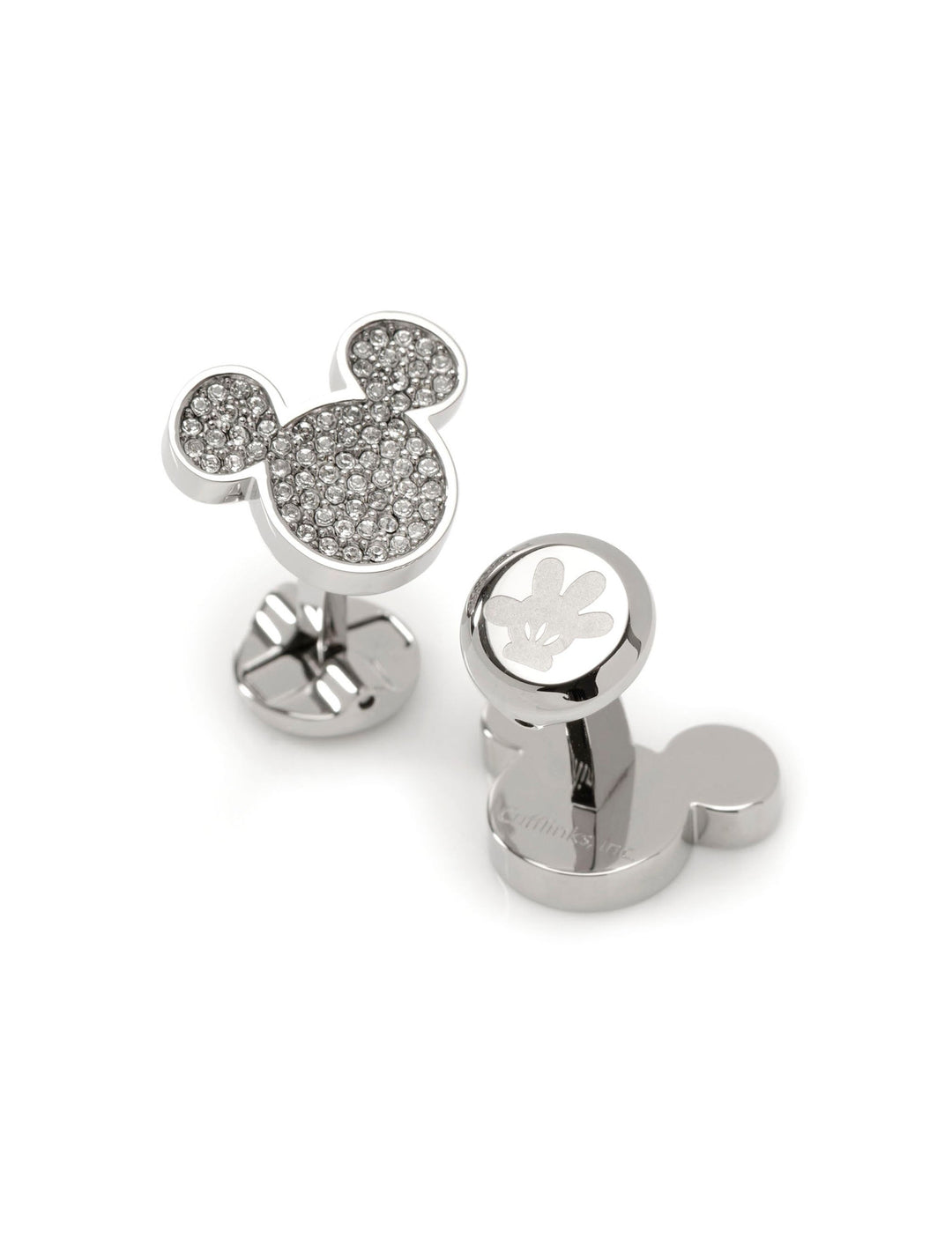 Disney Mickey Mouse Stainless Steel White Pave Crystal Cufflinks featuring one silver-tone Mickey Mouse head encrusted in clear crystals and one featuring an etched Mickey glove icon.