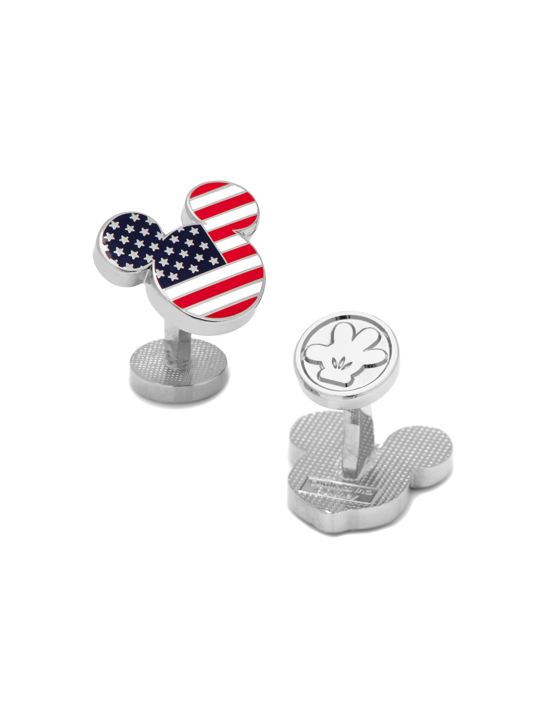 Disney Mickey Mouse Stars and Stripes Cufflinks featuring one head with a stars and stripes pattern and one silver Mickey Mouse glove design.