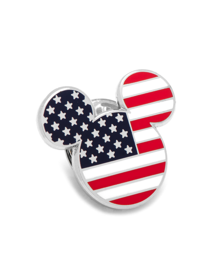 A Disney Mickey Mouse Stars and Stripes Lapel Pin shaped like a Mickey Mouse head with an American flag pattern.