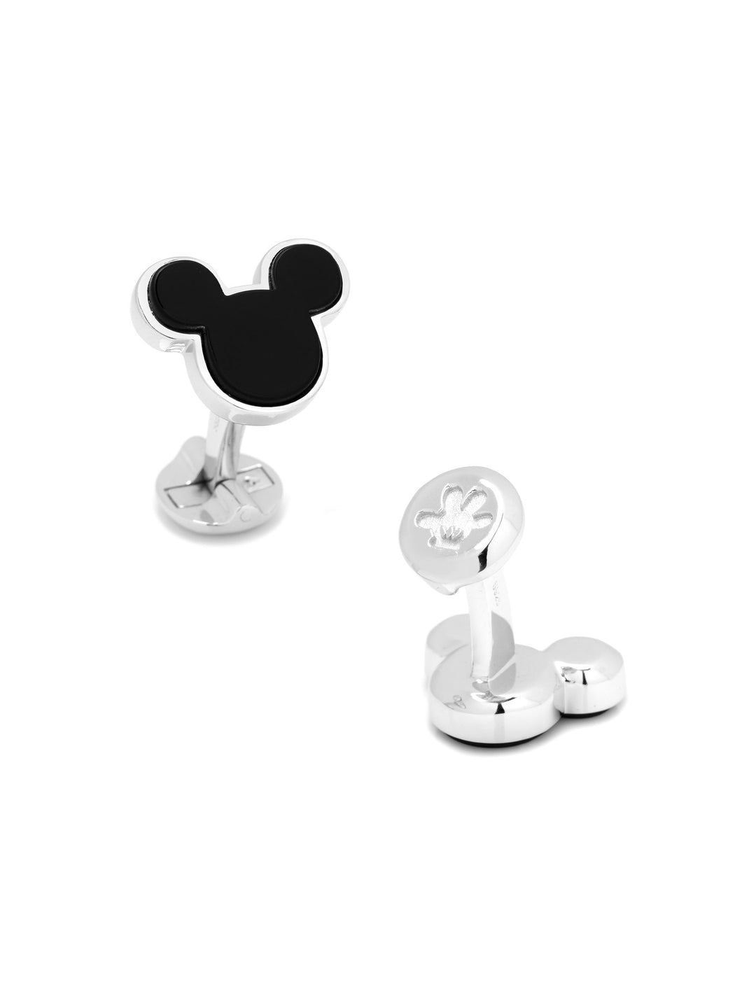 Disney Mickey Mouse Sterling Silver and Onyx Cufflinks, featuring a black Mickey Mouse silhouette and an etched glove icon.