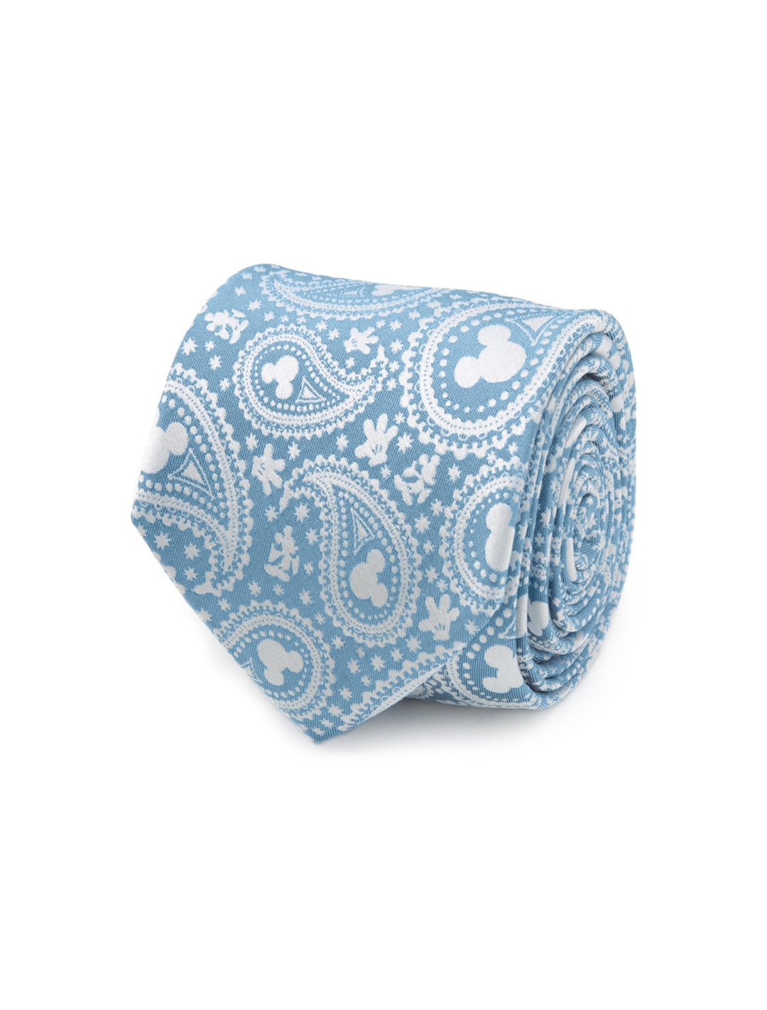 A rolled Disney Mickey Mouse Teal Paisley Men’s Tie in teal silk featuring a white paisley pattern with Mickey Mouse silhouettes.