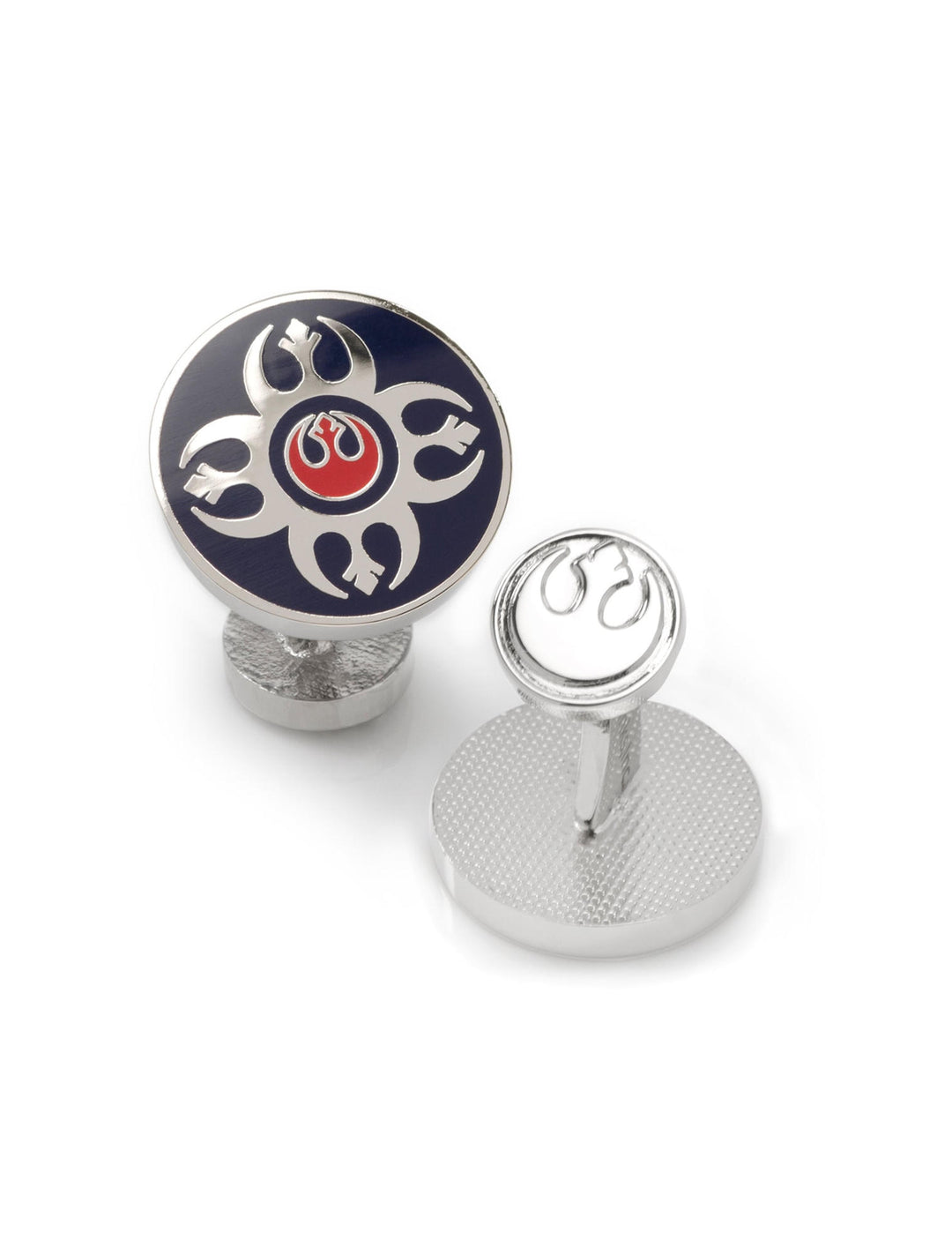Star Wars Rebel Alliance Starbird Crest Blue and Red Cufflinks, one featuring a blue and red crest and the other a silver-etched Rebel symbol.