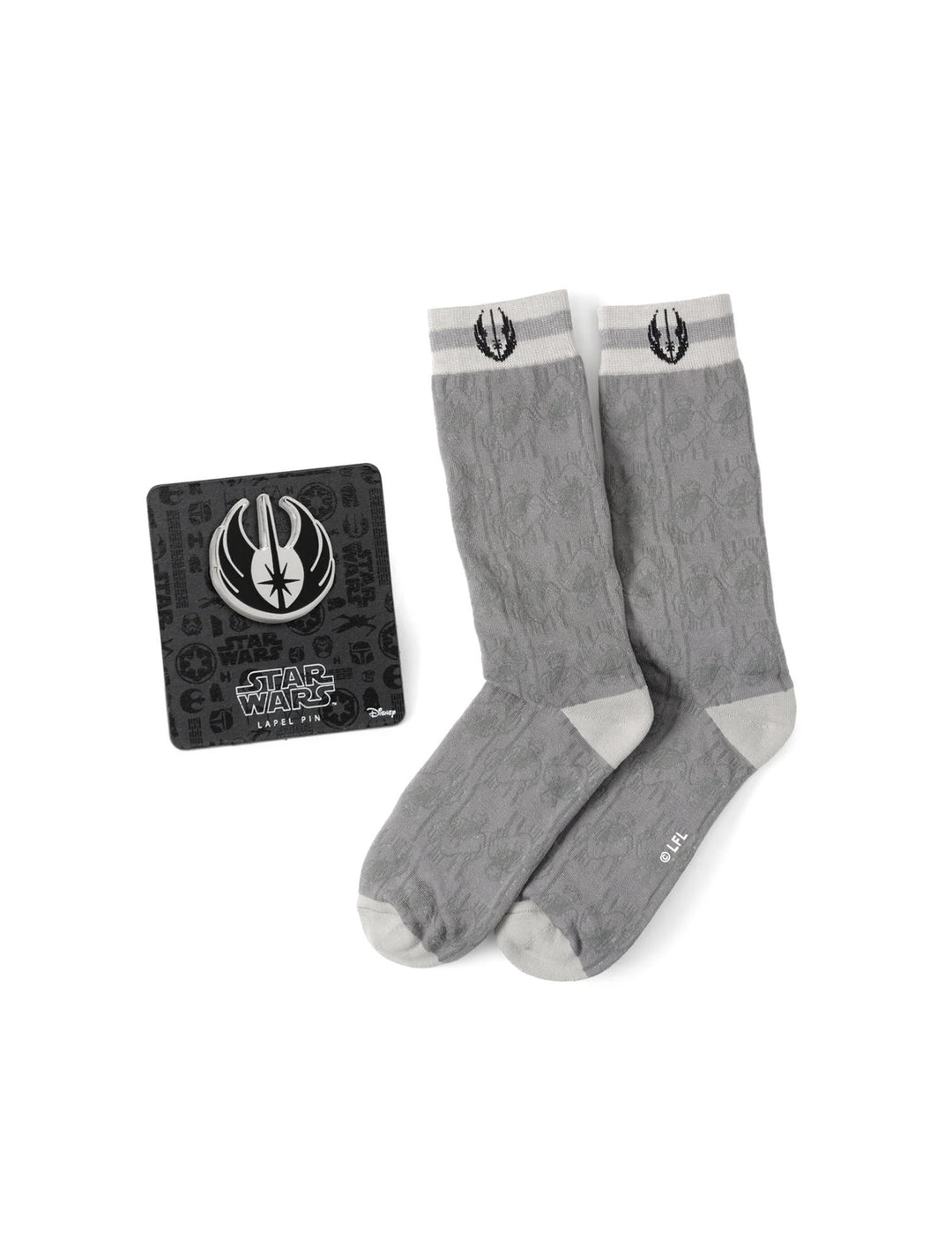 Star Wars Obi-Wan Kenobi Gray Socks and Lapel Pin Gift Set featuring gray socks with a Jedi Order symbol and a metal insignia pin on a display card.