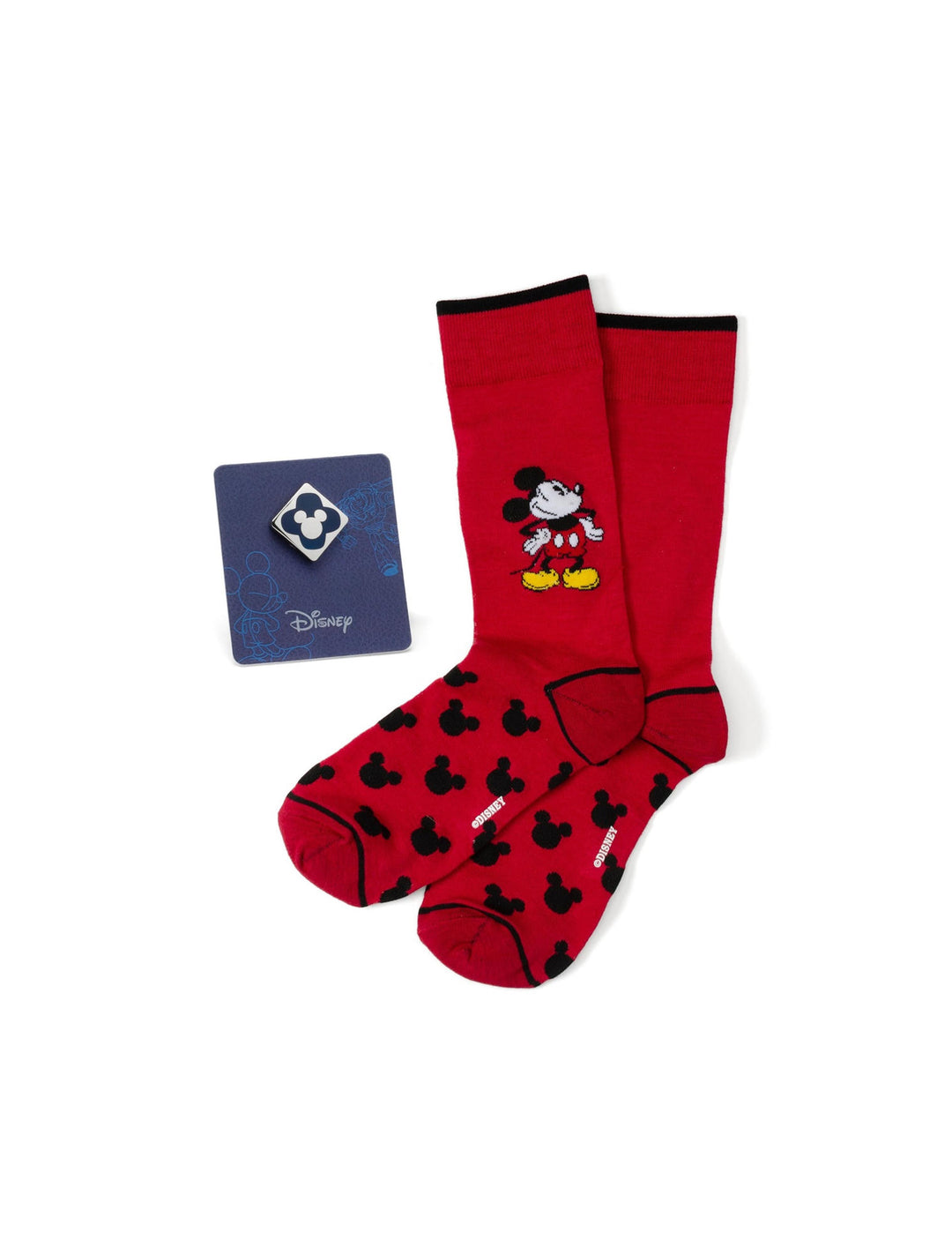 Disney Mickey Mouse Pie-Eyed Red Sock and Mickey Blue Lapel Pin Gift Set featuring red socks with a repeating black silhouette pattern and a square lapel pin on a display card.