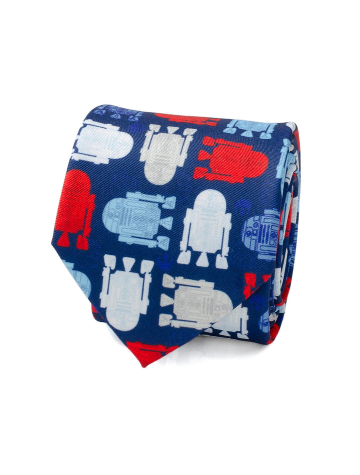 A navy blue Star Wars R2-D2 Red, White, and Blue Tie for men featuring an all-over repeating pattern of R2-D2 droids in red, white, and light blue.