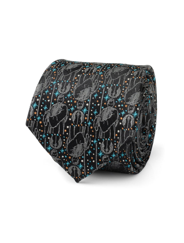Star Wars Obi-Wan Kenobi Gray Tie featuring a repeating pattern of Kenobi silhouettes, Rebel Alliance symbols, and small orange and blue stars on a black background.