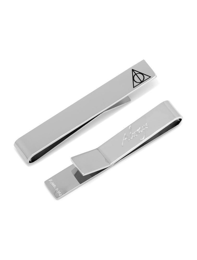 Harry Potter Deathly Hallows “Always” Hidden Message Tie Bar set featuring two silver-tone tie bars, one with the Deathly Hallows symbol and the other engraved with “Always.”