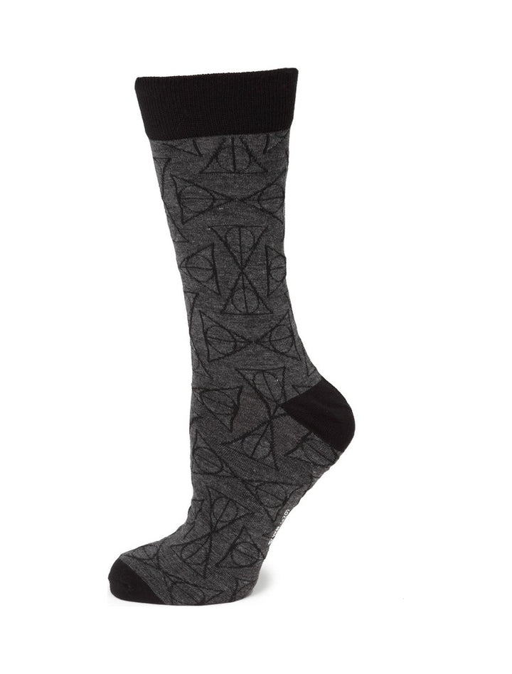 Grey Harry Potter Deathly Hallows Black Men’s Socks featuring a black Deathly Hallows symbol pattern with a black heel, toe, and cuff.