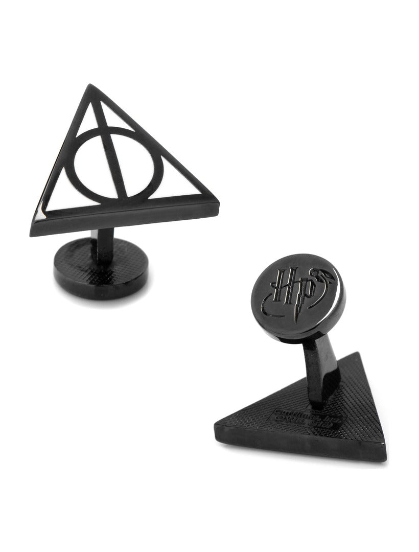 Harry Potter Deathly Hallows Cufflinks: two black plated cufflinks, one featuring the Deathly Hallows symbol and the other a round face with the letters “HP.”