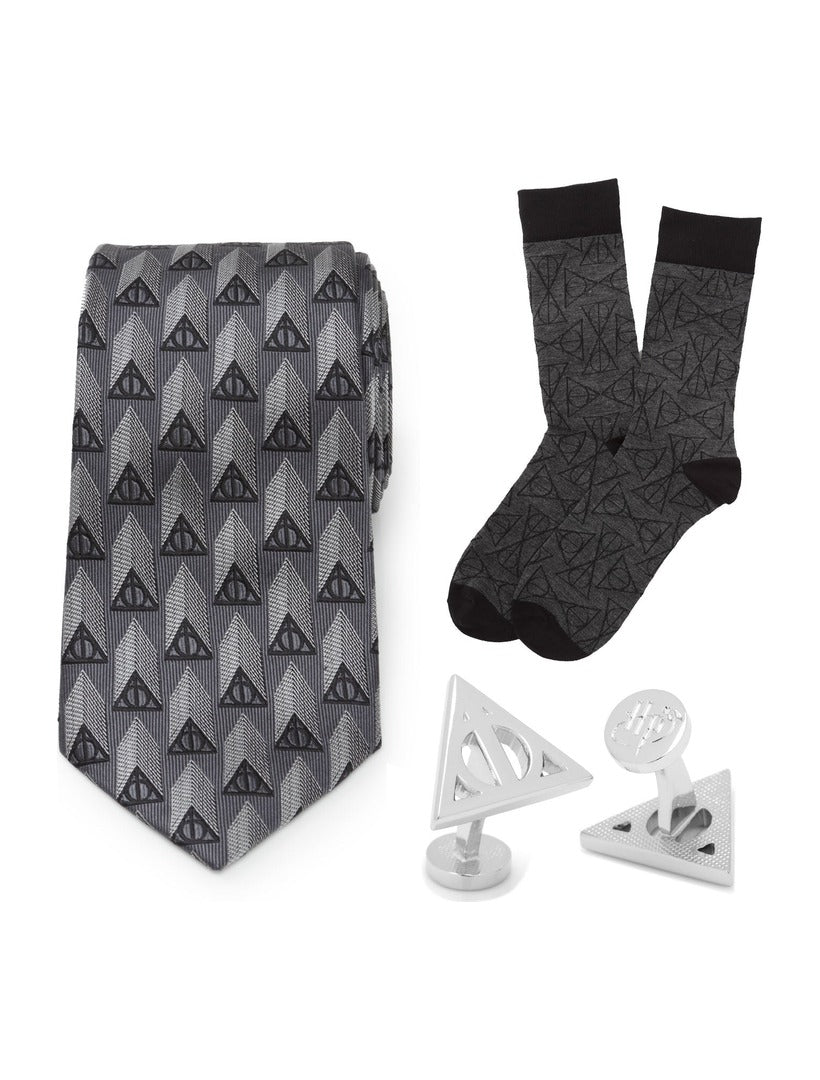 Harry Potter Deathly Hallows Gray Necktie Gift Set featuring a gray necktie with a Deathly Hallows pattern, matching socks, and silver triangle cufflinks.