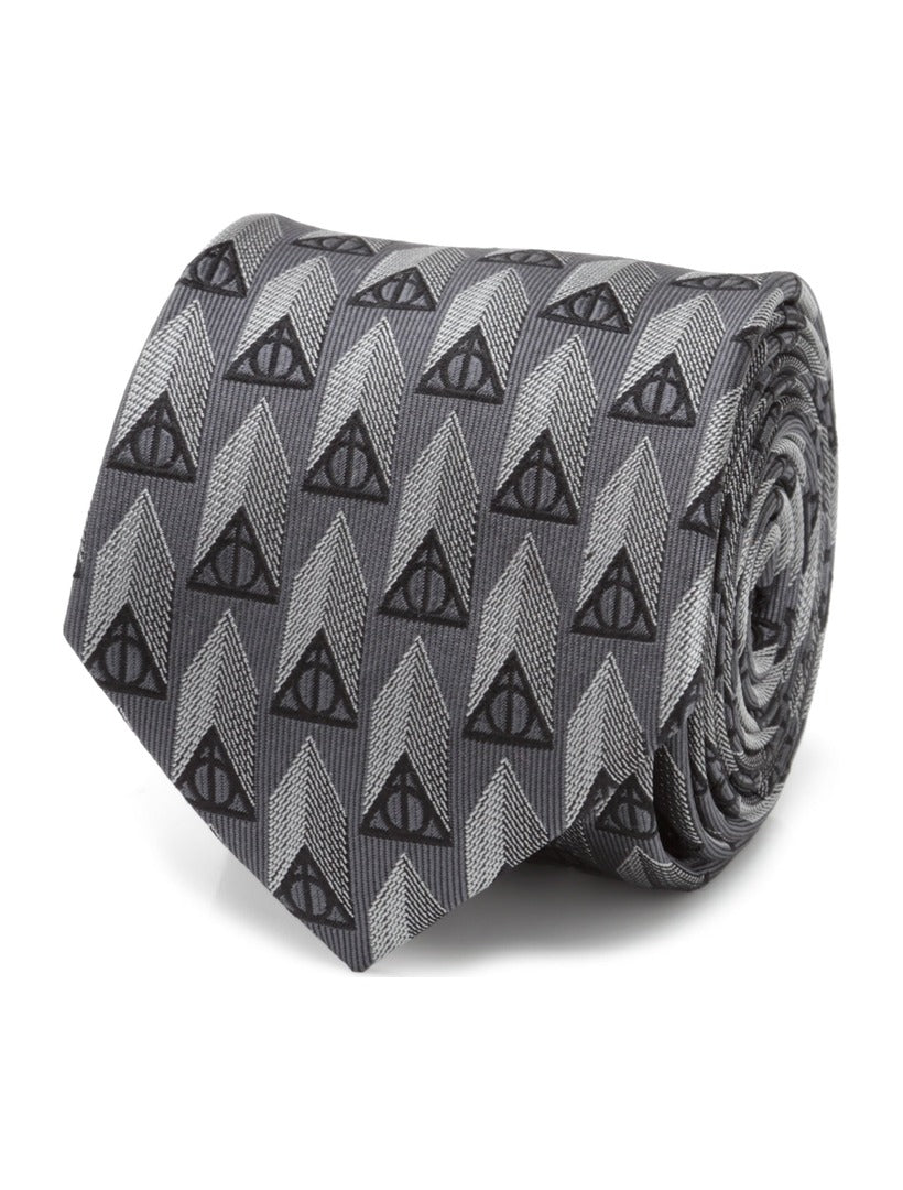 Harry Potter Deathly Hallows Gray Silk Men’s Tie featuring a repeating pattern of black Deathly Hallows symbols over a gray chevron background.