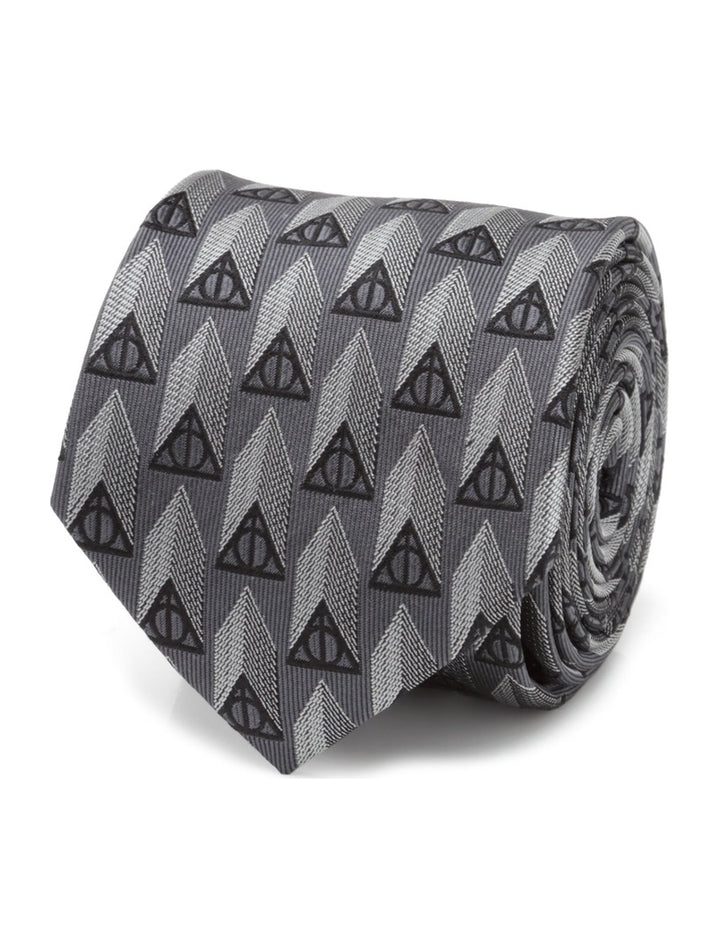 Harry Potter Deathly Hallows Gray Silk Men’s Tie featuring a repeating pattern of black Deathly Hallows symbols over a gray chevron background.