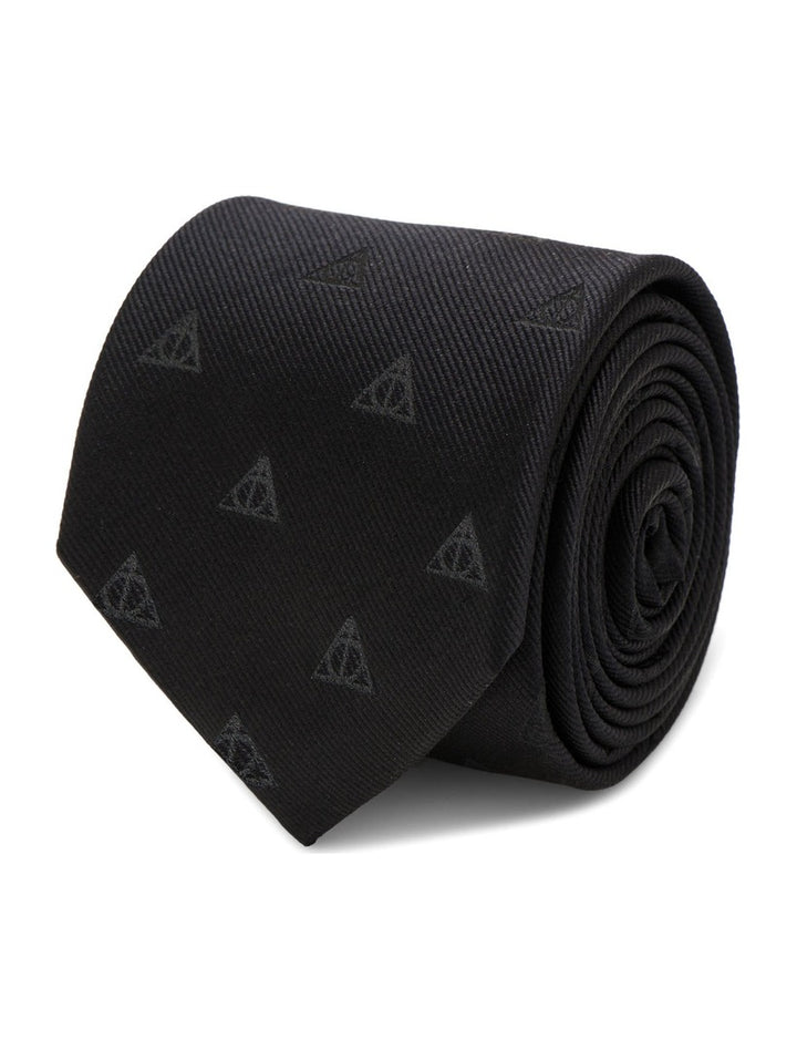 Rolled black silk Harry Potter Deathly Hallows Tie patterned with repeating Deathly Hallows symbols.