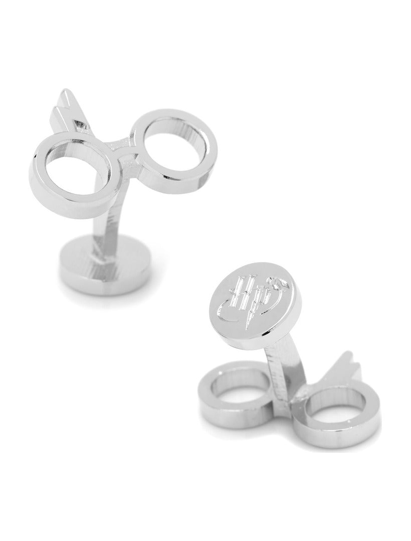 Harry Potter Glasses Cufflinks made of silver-plated metal, shaped like round glasses with a small lightning bolt and circular backings engraved with the initials HP.