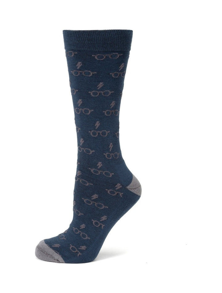 Harry Potter Glasses Navy Men’s Socks in navy blue with a repeating pattern of round glasses and lightning bolts, featuring grey toe and heel accents.