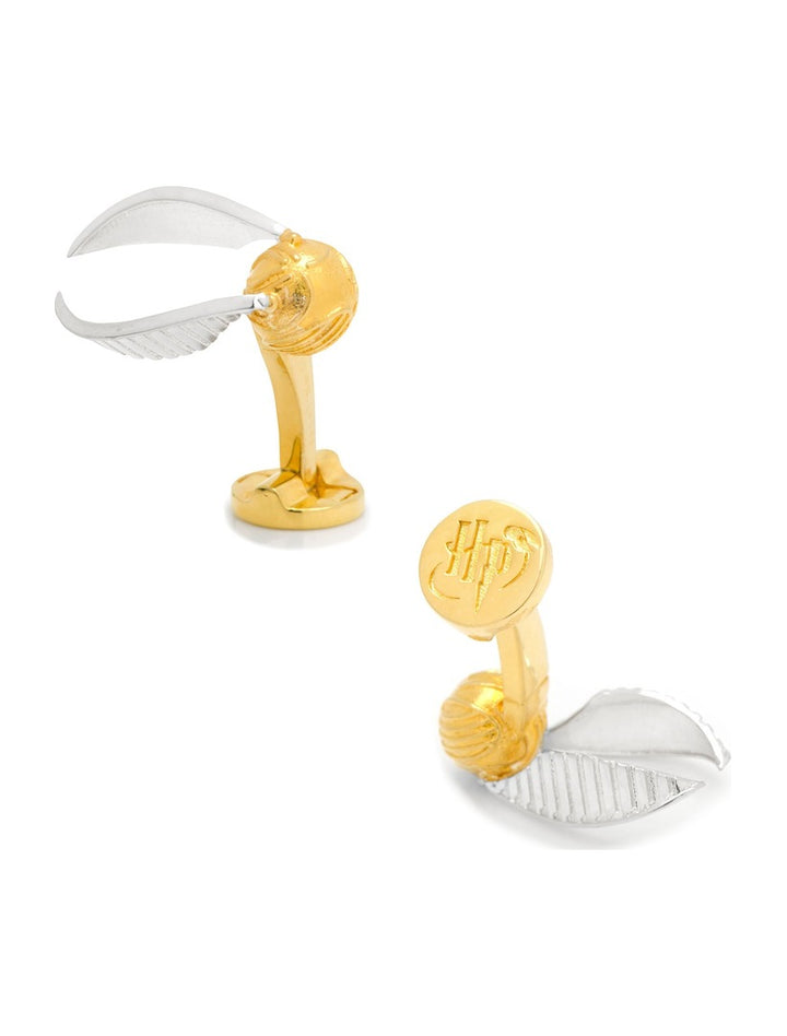 Harry Potter Golden Snitch 3D Cufflinks featuring gold-toned spherical bodies with silver-toned wings and “HP” embossed on the circular face.