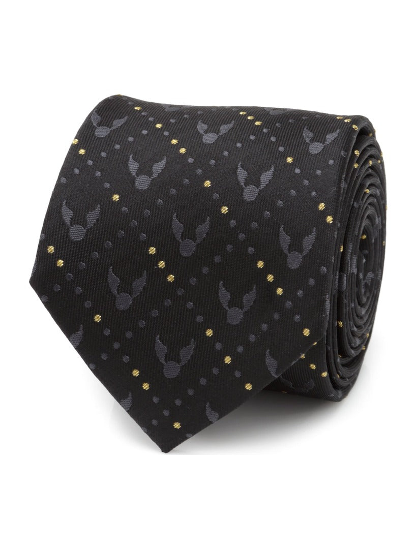 Harry Potter Golden Snitch Black Silk Men’s Tie in black patterned with gray winged balls and small gold dots.