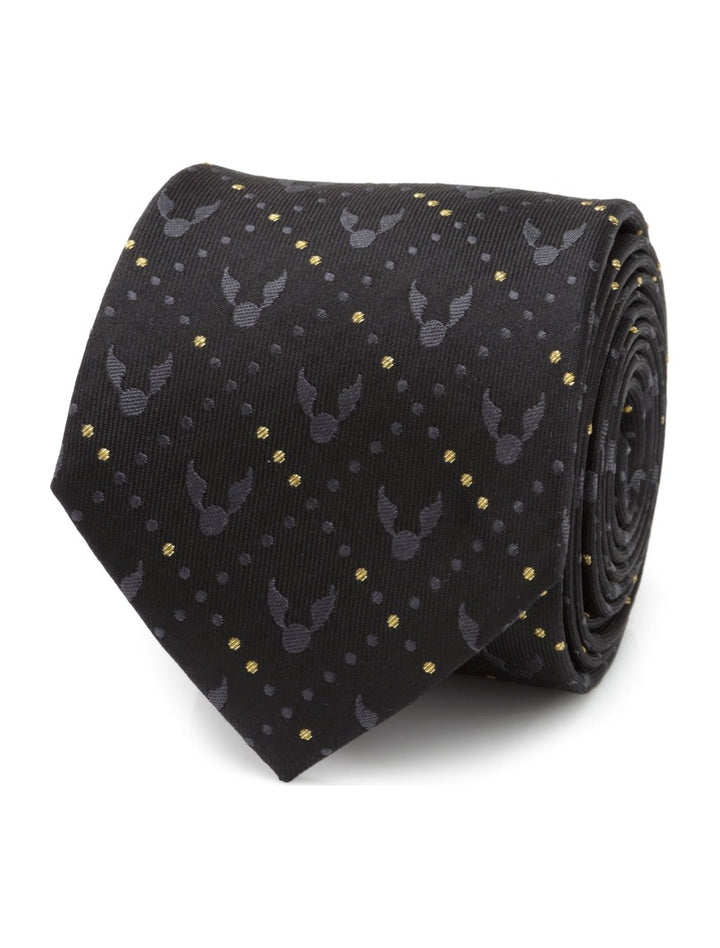 Harry Potter Golden Snitch Black Silk Men’s Tie in black patterned with gray winged balls and small gold dots.