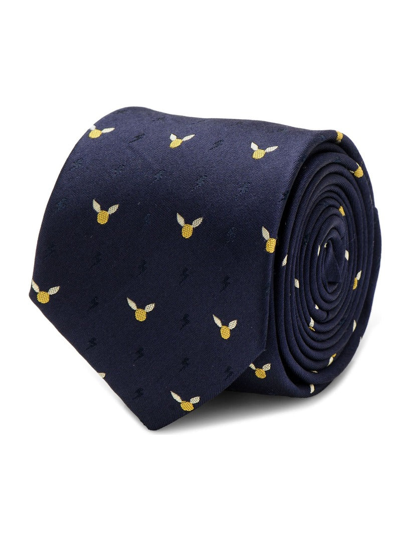 Harry Potter Golden Snitch Dot Tie in navy blue silk, featuring a repeating pattern of small yellow winged spheres and faint lightning bolts.