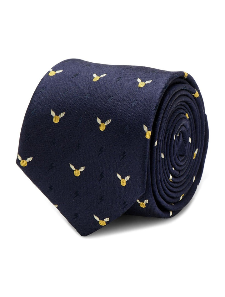 Harry Potter Golden Snitch Dot Tie in navy blue silk, featuring a repeating pattern of small yellow winged spheres and faint lightning bolts.