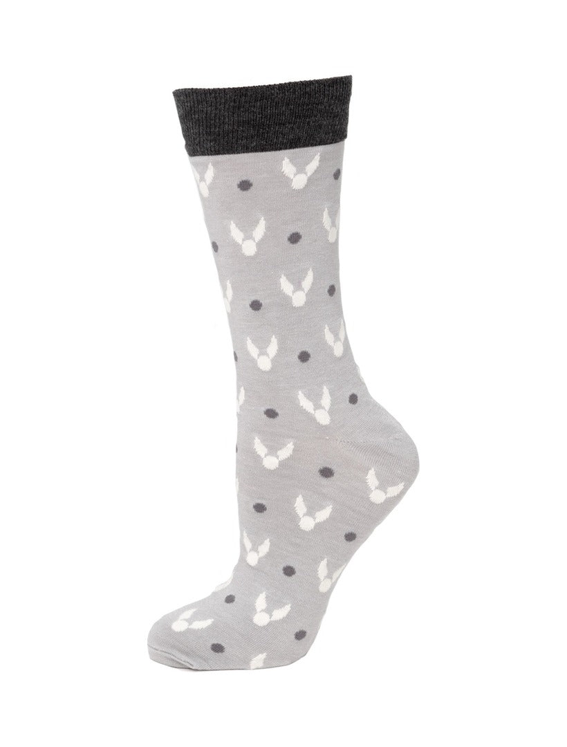 Harry Potter Golden Snitch Gray Men’s Socks in gray with a dark gray cuff, featuring a repeating pattern of white winged balls and small dark gray dots.