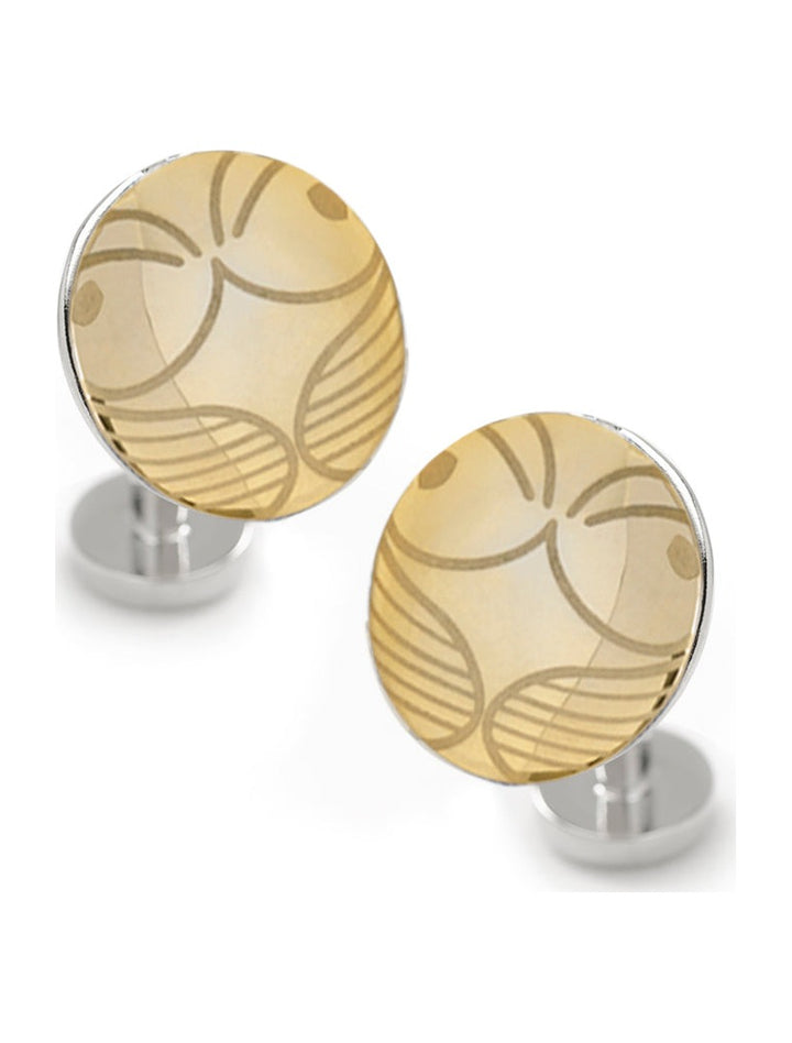 Harry Potter Golden Snitch Hidden Deathly Hallows Locket Cufflinks in a silver-toned finish, featuring a gold circular face with an engraved winged design.