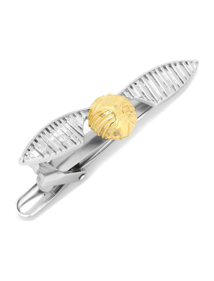 Harry Potter Golden Snitch Tie Clip with a silver-toned, gold-colored spherical body and two long, feathered wings.