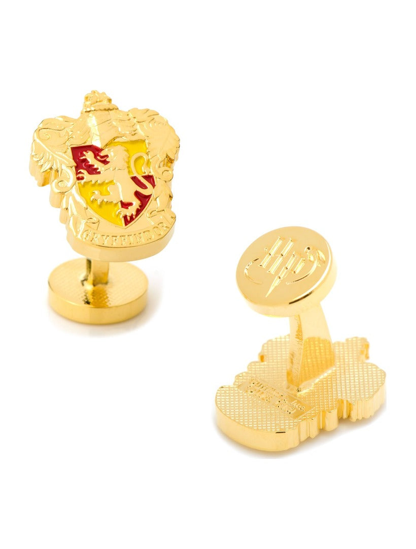Harry Potter Gryffindor Crest Cufflinks featuring a gold-tone house crest with a red and yellow lion, with the Harry Potter logo engraved on the circular backs.