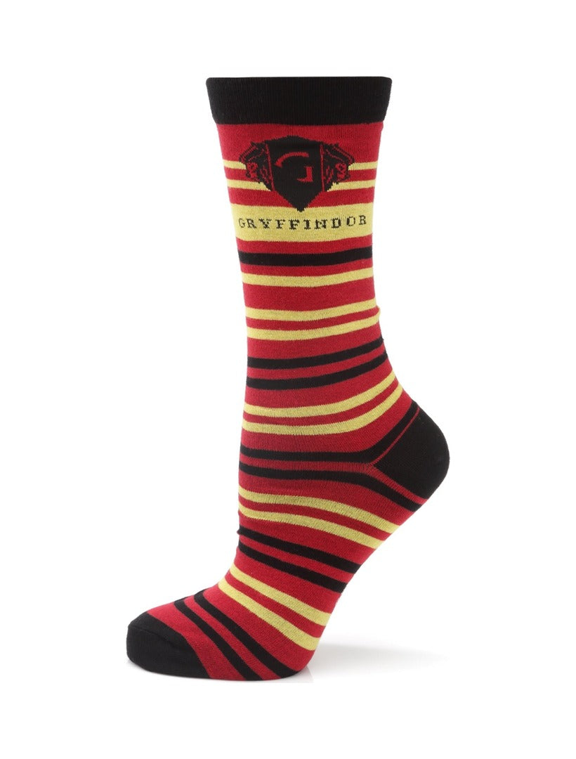 Harry Potter Gryffindor Men’s Sock in red, gold, and black stripes, featuring the house crest and text.