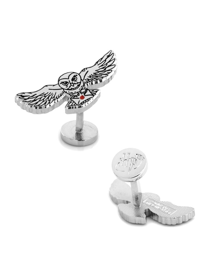 Harry Potter Hedwig Owl Cufflinks in silver-toned metal, shaped like a snowy owl in flight carrying a white envelope with a red wax seal.