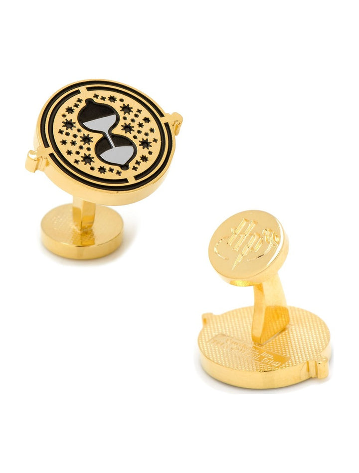 Gold-tone Harry Potter Hermione’s Time Turner Cufflinks featuring a circular hourglass design with star accents and a logo embossed on the back.