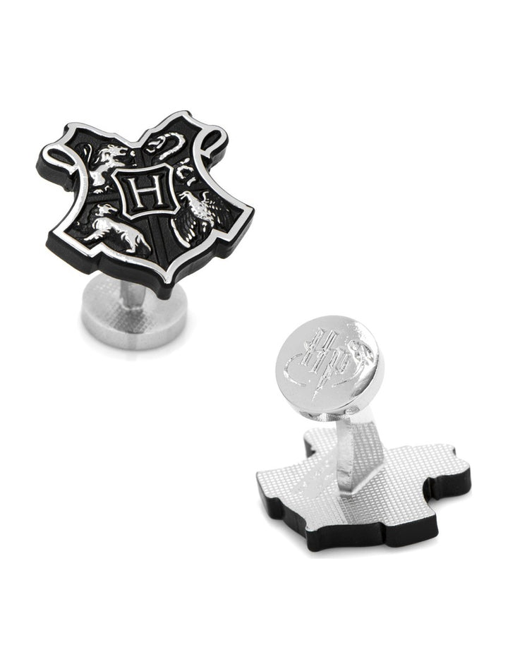 Harry Potter Hogwarts 3D Crest Cufflinks shaped like the school crest, with the emblem on the face and an HP logo on the toggle.