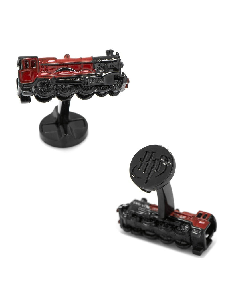 Harry Potter Hogwarts Express 3D Cufflinks shaped like a red and black steam locomotive, with the HP logo on the circular toggle backing.