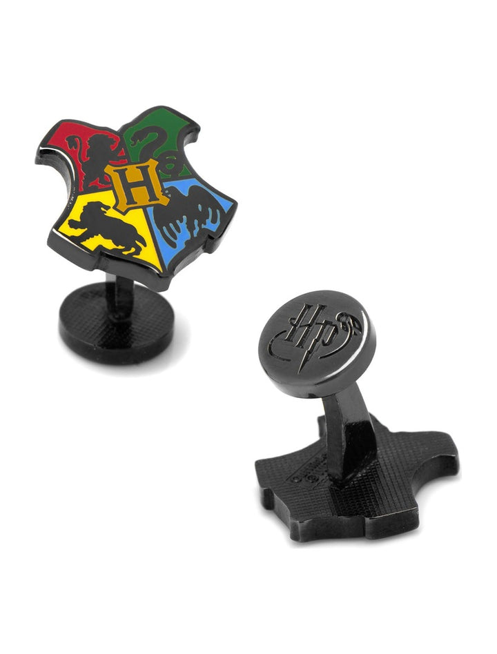 Harry Potter Hogwarts Shield Cufflinks featuring one colorful shield crest with a central letter H and one circular accessory engraved with the letters HP.