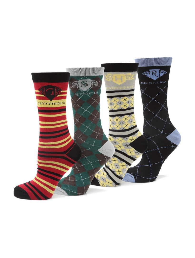 Harry Potter House 4 Socks Gift Set containing four pairs of socks, each featuring the colors, crest, and name of one of the four Hogwarts houses.