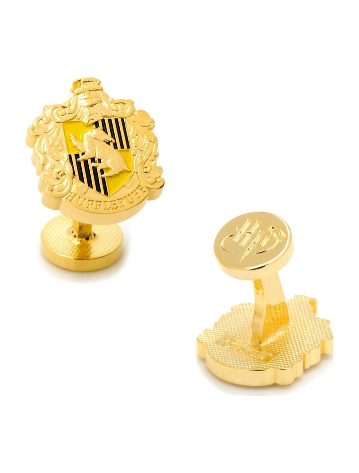 Harry Potter Hufflepuff Crest Cufflinks in gold-tone, with one featuring a badger and the other an embossed lightning bolt logo on the round toggle.